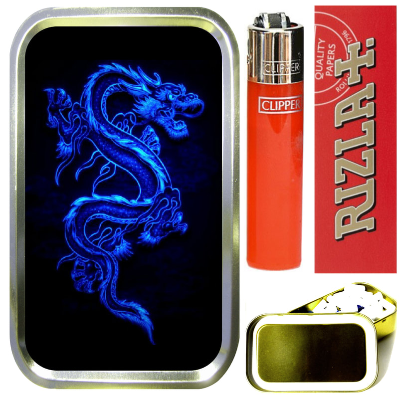 TEEZ Blue Dragon 1oz Gold Tobacco Tin Airtight Sealed Tobacco Tin 